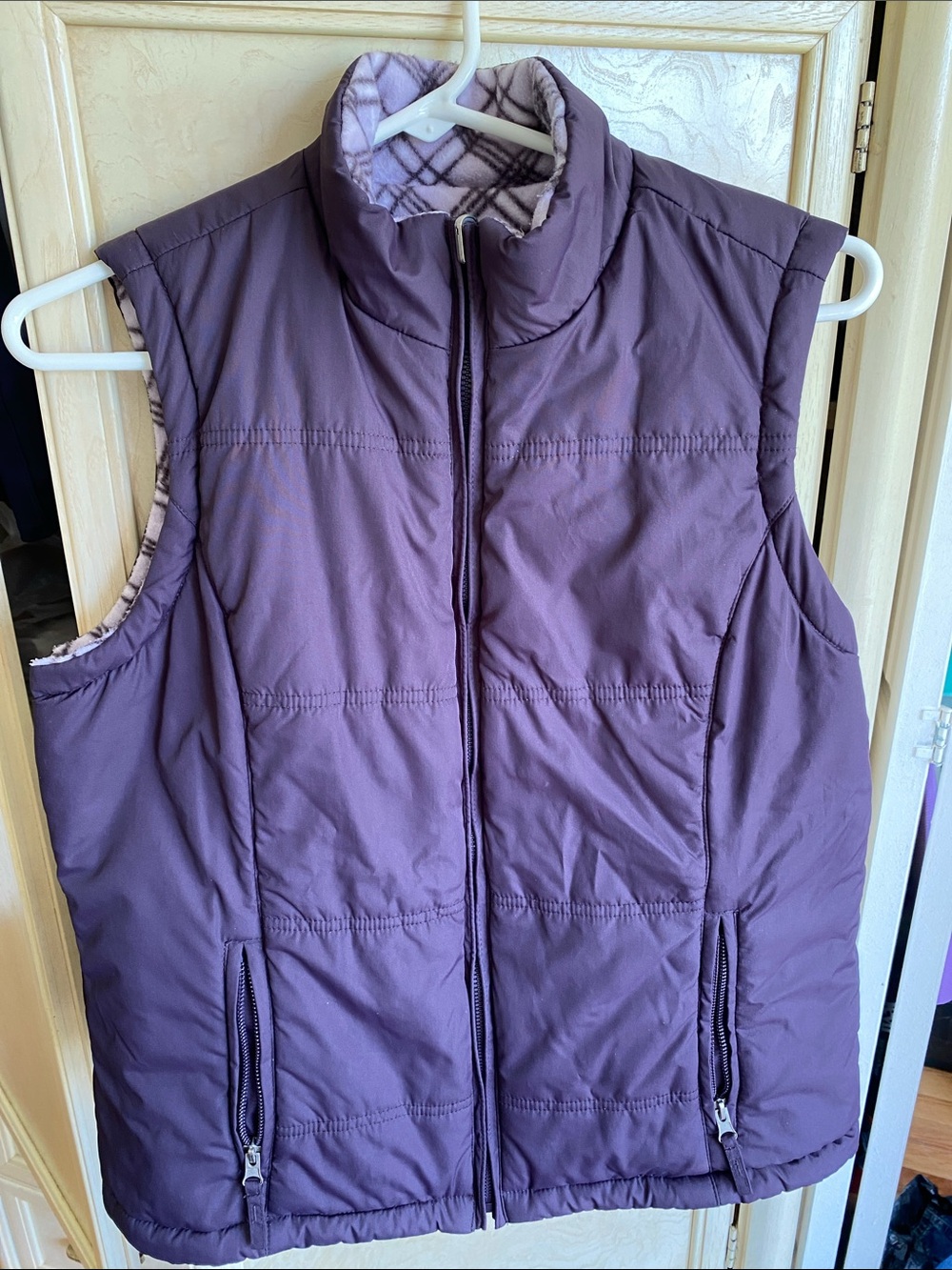 Women’s Quilted Purple Puffer Vest with Plaid Lining